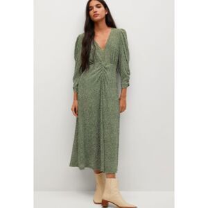 Mango Ruched Sleeve Spotted Midi Dress Women's 10 Green Semi Sheer Cottage Fairy